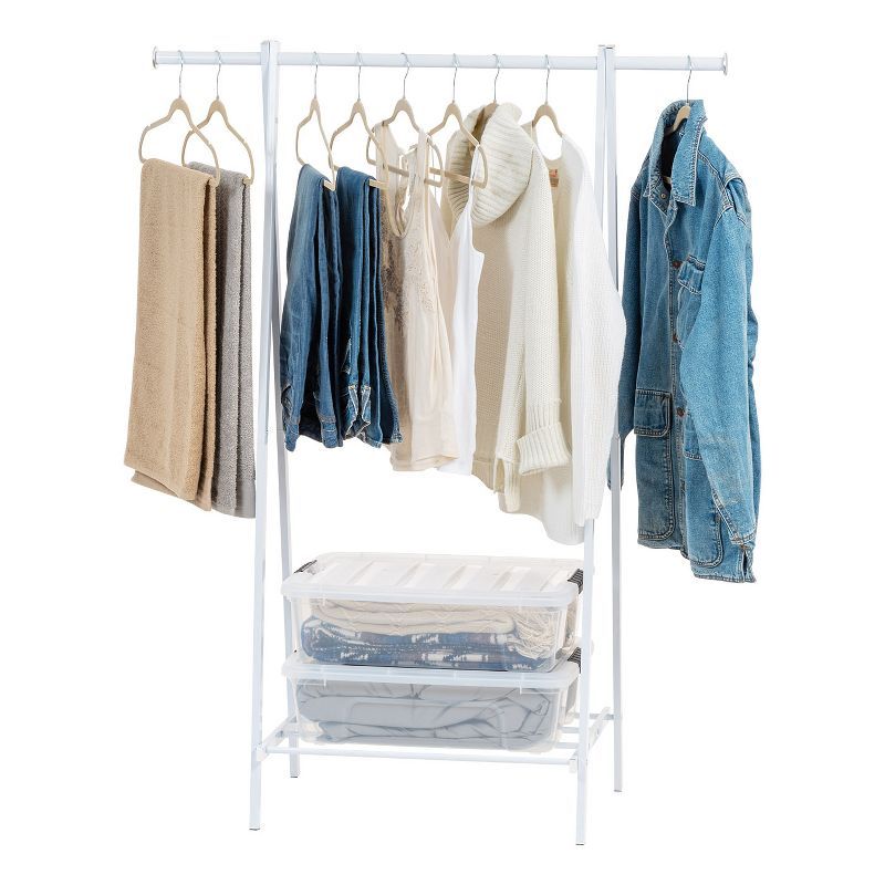 White Metal Freestanding Clothing Rack with Wooden Accents