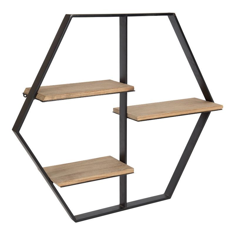 Black Hexagon Floating Wall Shelf with Wood Shelves