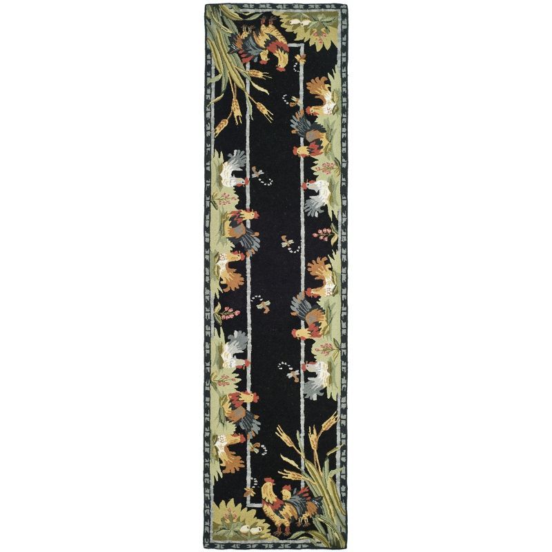 Black Floral Handmade Wool Runner Rug 30" x 10"