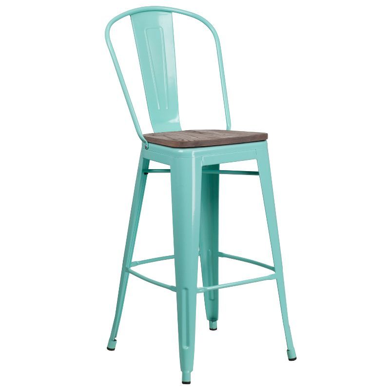 Mint Green 30" Metal & Wood Slat-Back Counter Stool