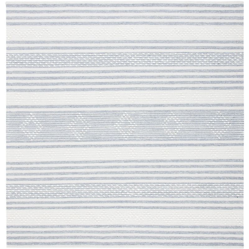 Ivory and Silver Striped Wool Square Area Rug, 5' x 5'