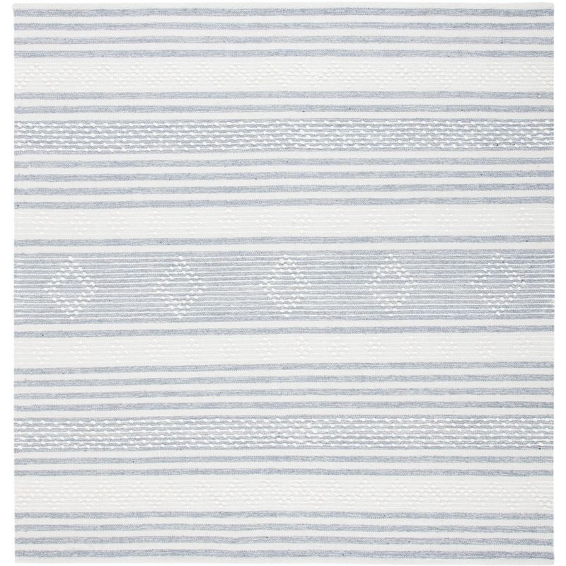 Ivory and Silver Striped Wool Square Area Rug, 5' x 5'