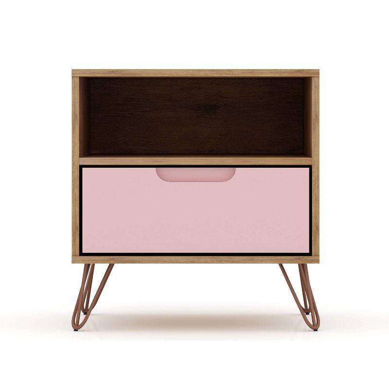 Mid-Century Modern Pink and Wood Nightstand with Hairpin Legs