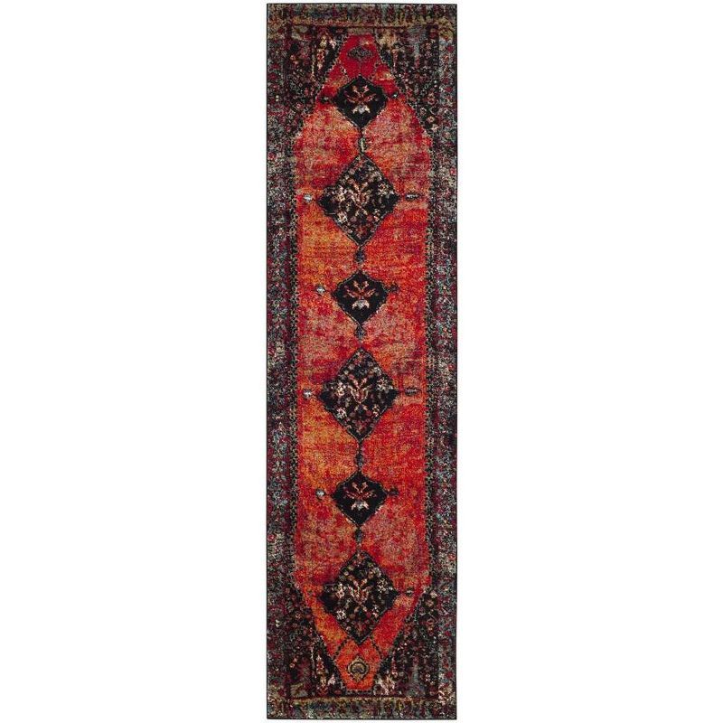 Vintage Hamadan Red and Black Floral Synthetic Runner Rug