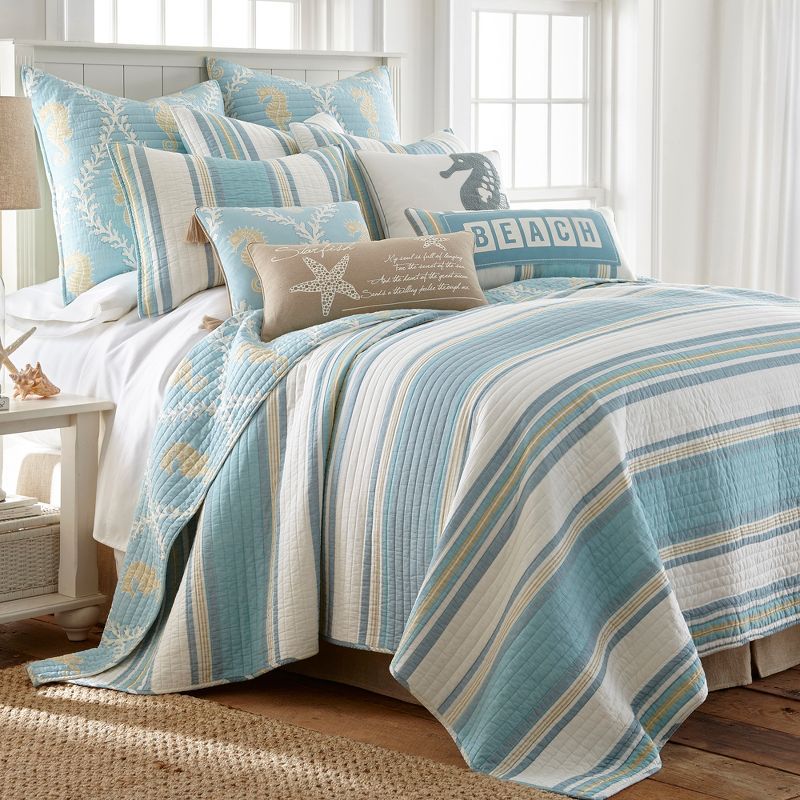 Coastal Charm Blue and Taupe Full Cotton Reversible Quilt Set