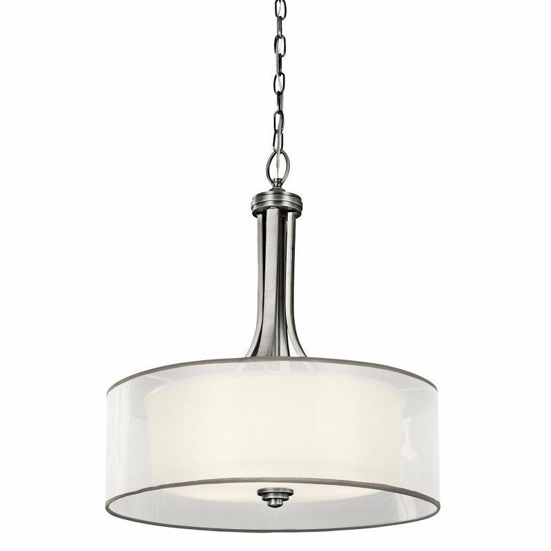 Antique Pewter Drum Pendant Light with White Glass Shade