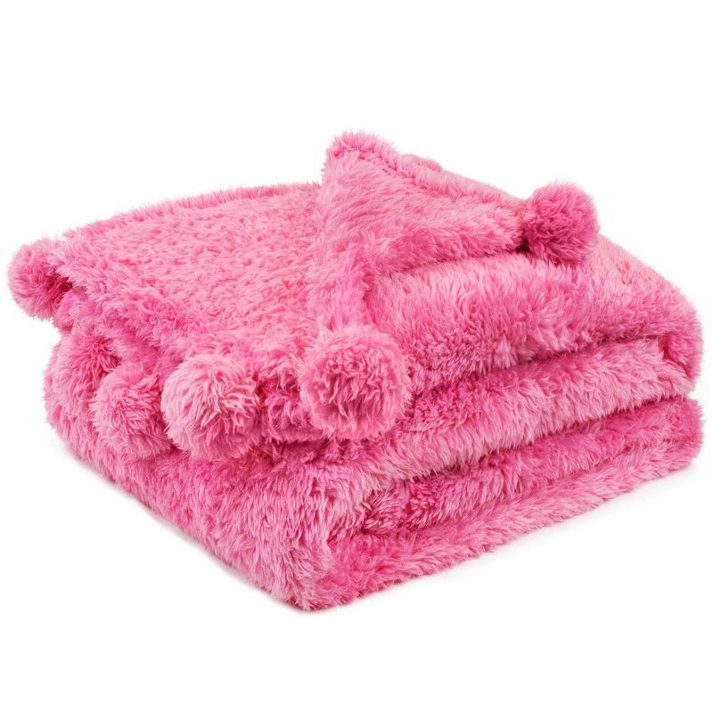 Hot Pink Twin Sherpa Fleece Blanket with Pom Poms