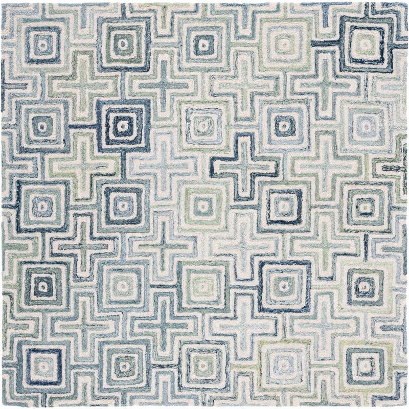 Ivory and Blue Geometric Hand-Tufted Wool Area Rug, 6' x 6'