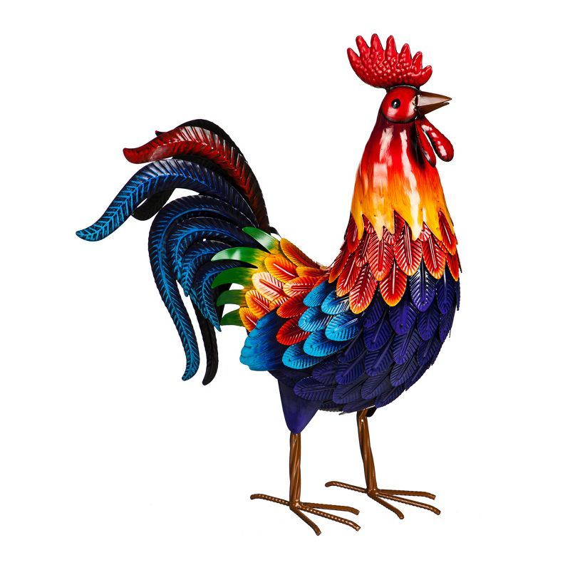 Vibrant Multicolor Metal Rooster Garden Statue 20.87 inches