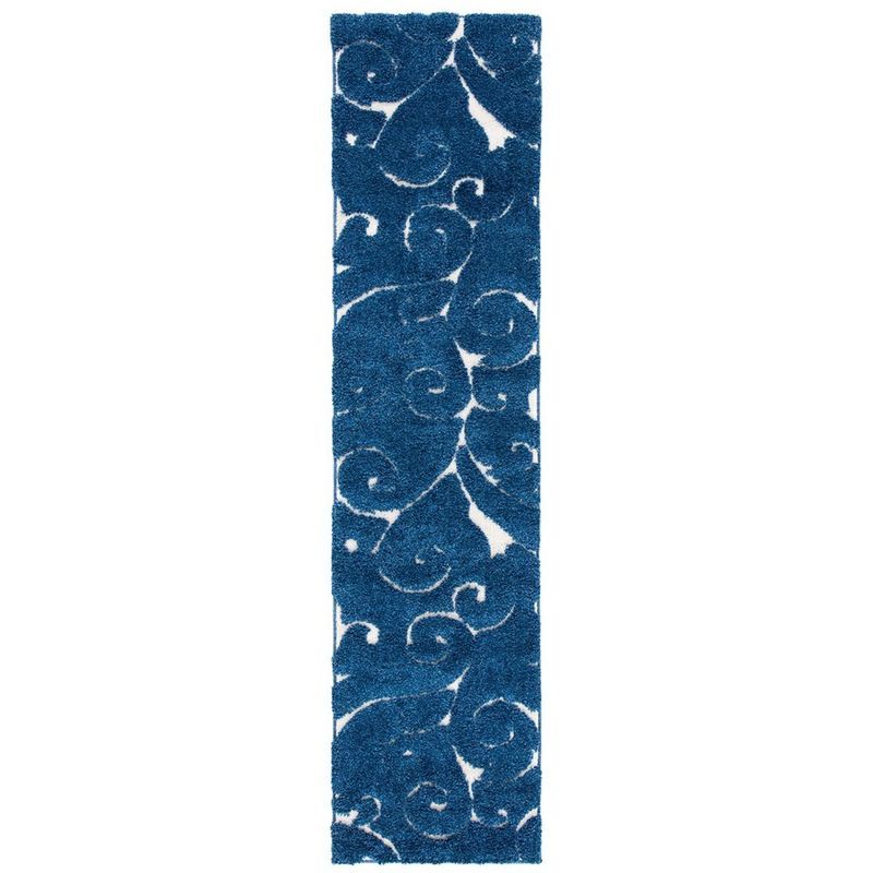 Dark Blue and Cream Floral Shag Runner Rug, Hand-Knotted Synthetic