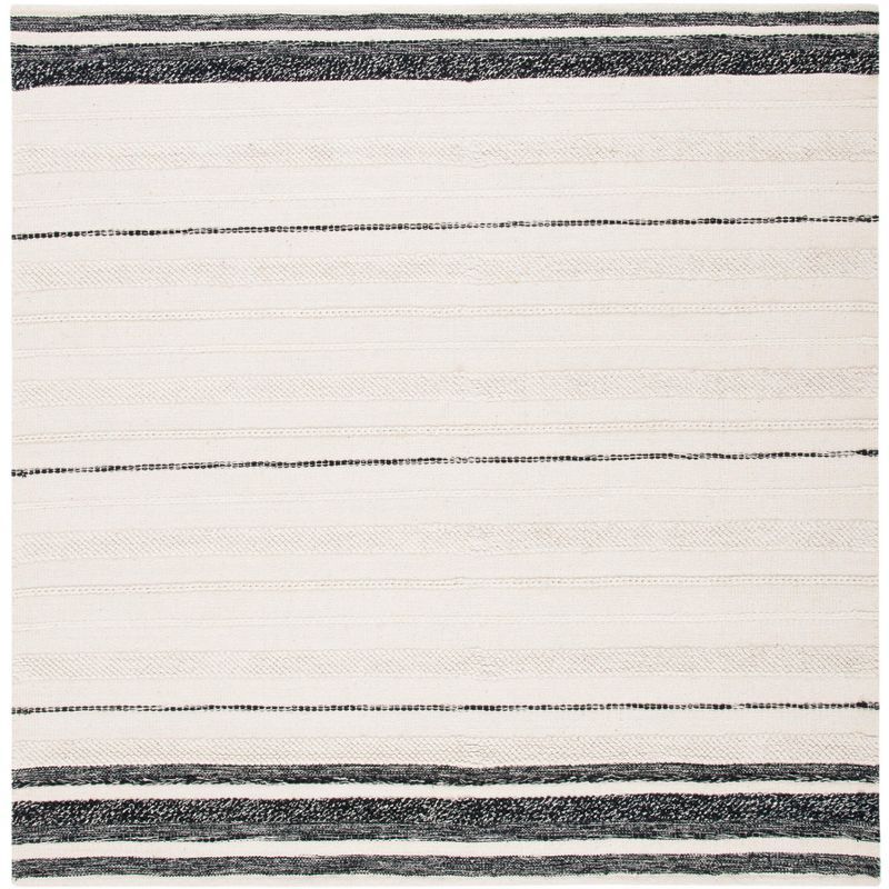 Black and White Striped Square Wool Cotton Rug