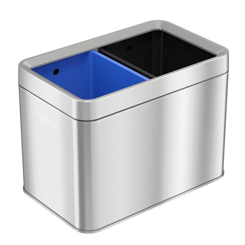 Brushed Silver Stainless Steel Dual Compartment Trash and Recycle Bin