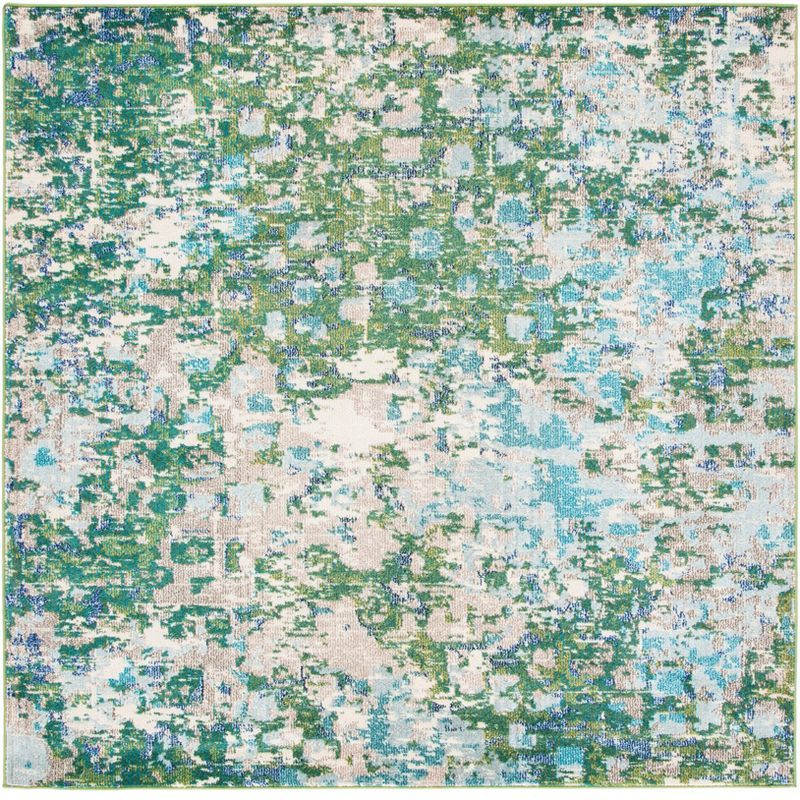 Green and Turquoise Square Hand-Knotted Synthetic Rug