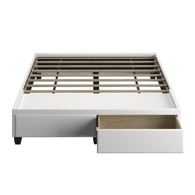 White Faux Leather Upholstered Queen Platform Bed with Storage Drawers