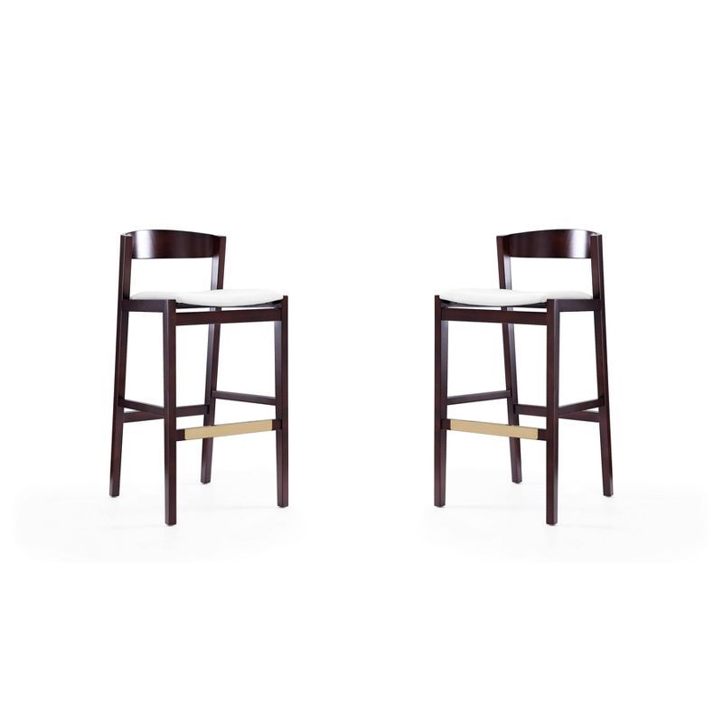 Klismos Ivory and Dark Walnut Wood Barstools with Faux Leather Seats, Set of 2