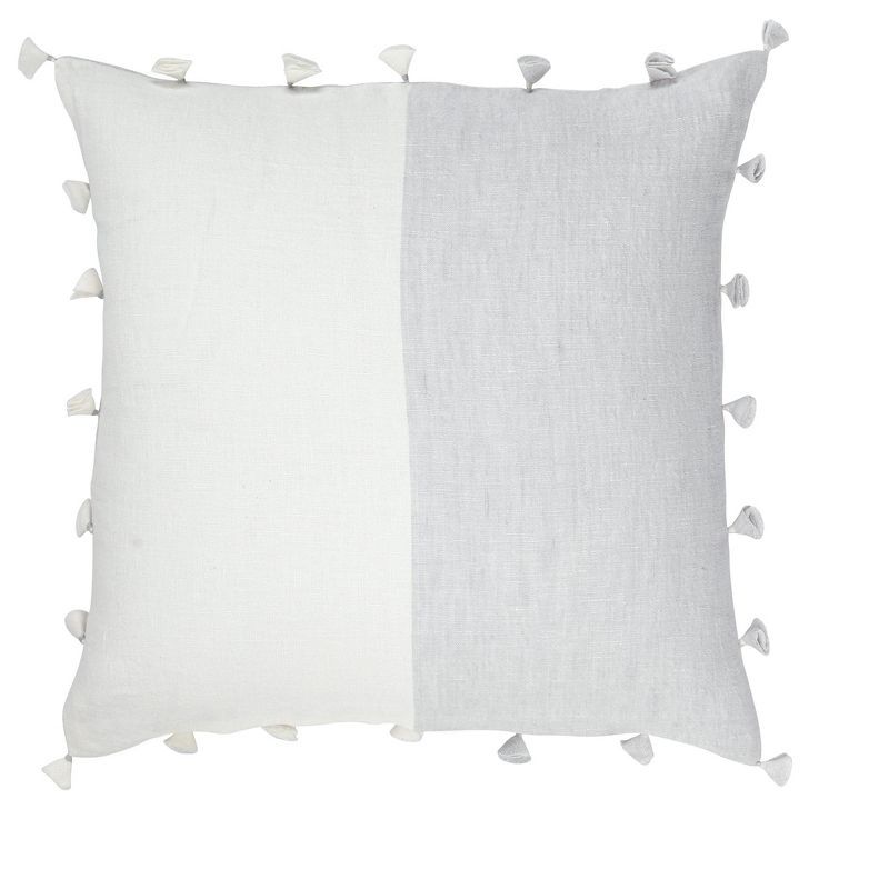 Light Grey and White Linen Pillow with Tassels, 20x20