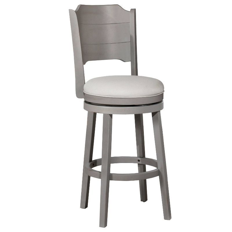 Clarion Distressed Gray Wood Swivel Barstool with Fog Gray Upholstery