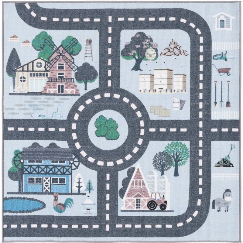 Blue and Dark Grey Square Kids Playhouse Area Rug