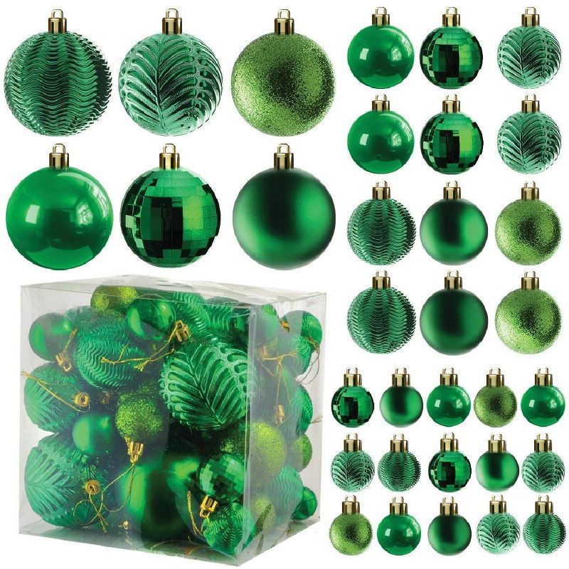 Green Shatterproof Plastic Christmas Ball Ornaments Set of 36