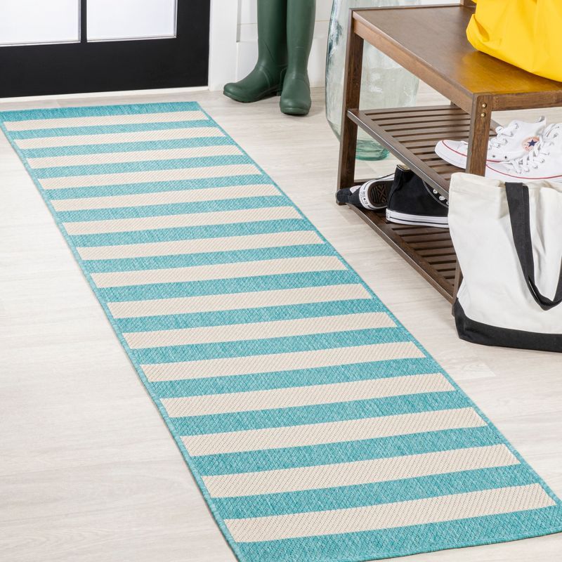 Ivory and Aqua Wide Stripe Reversible Indoor/Outdoor Rug