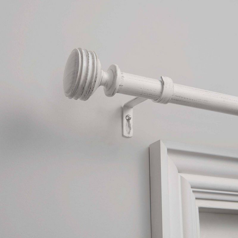 Distressed White Iron Adjustable Curtain Rod with Ribbed Finials