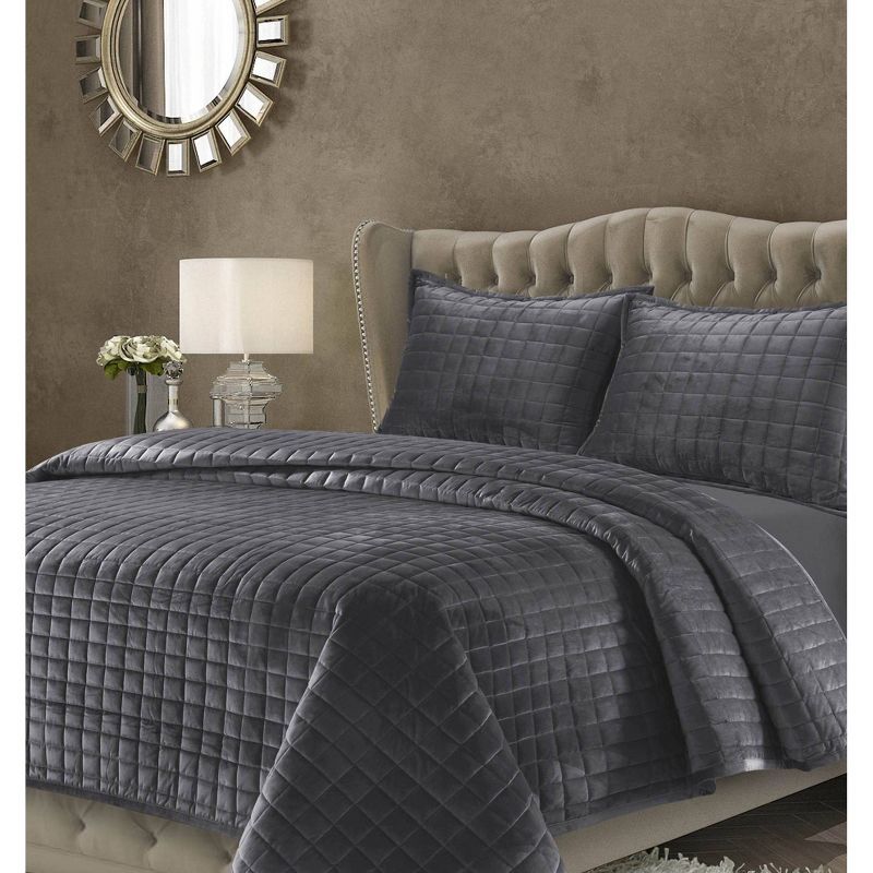 Smoke Grey Velvet Reversible Queen Quilt Set with Square-Box Stitching