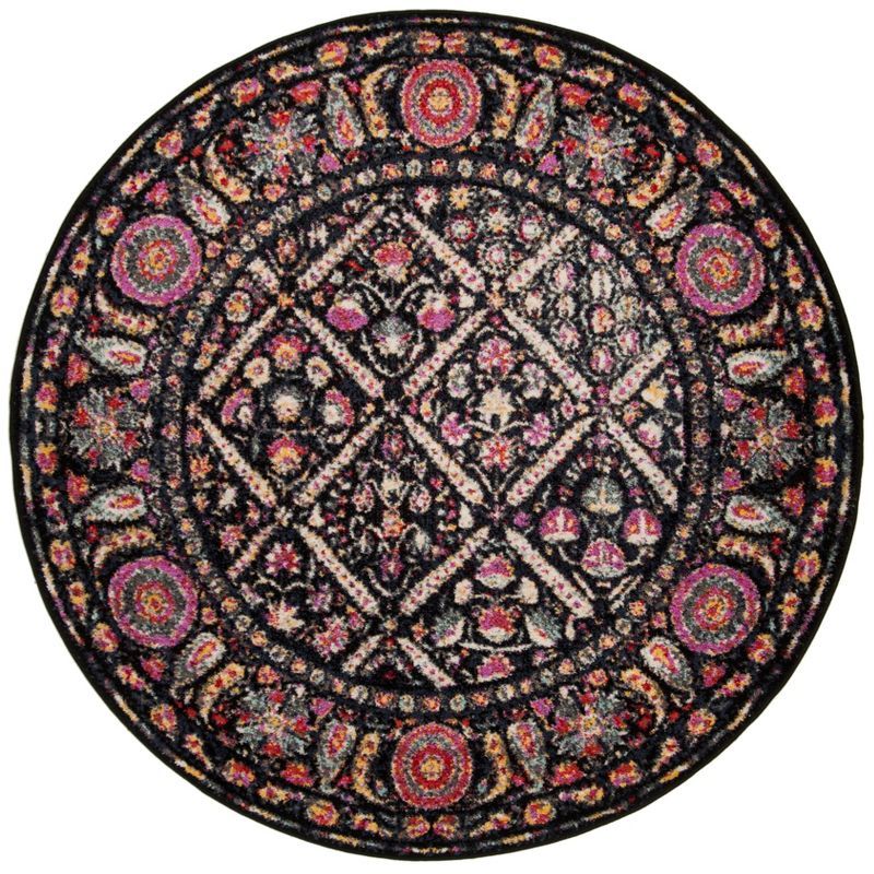 Boho Chic Round Black Synthetic Easy-Care Rug, 6'