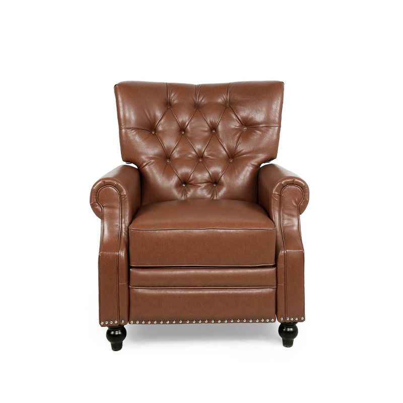 Cognac Brown Faux Leather Tufted Recliner with Nailhead Trim