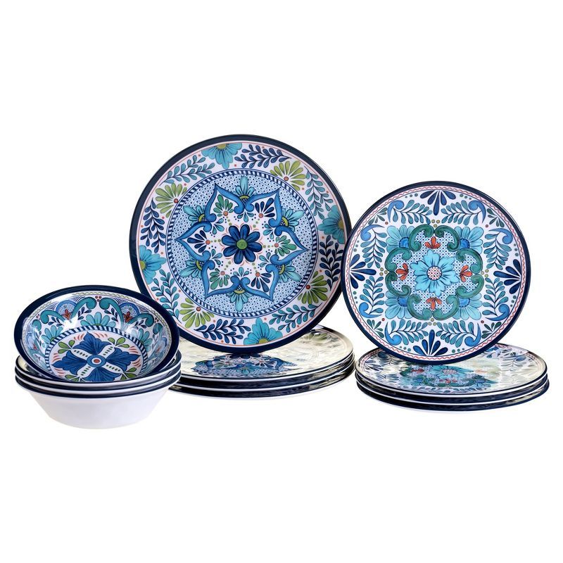 Talavera Blue Floral Melamine 12-Piece Dinnerware Set for 4