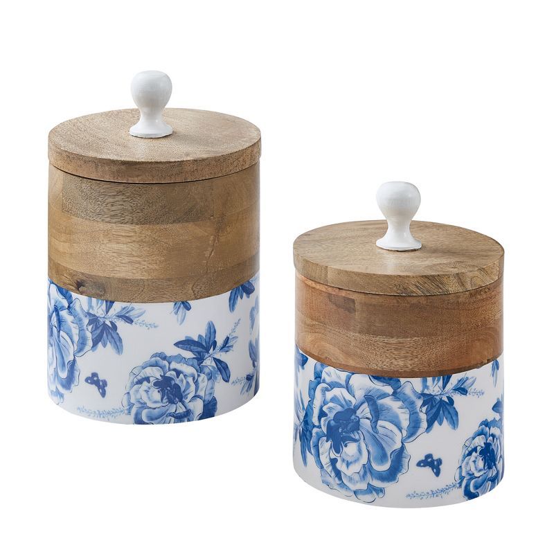 Blue Floral and Butterfly Mango Wood Canister Set