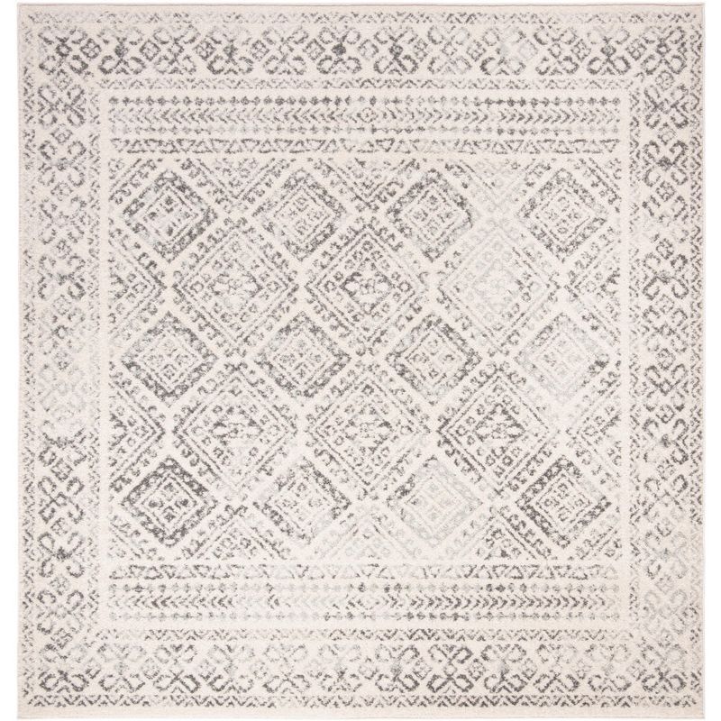 Ivory and Grey Hand-knotted Square Synthetic Rug, 5' x 5'