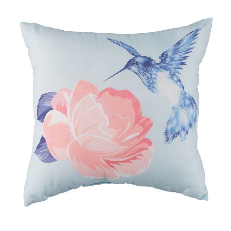 Blue and Pink Floral Hummingbird Square Throw Pillow