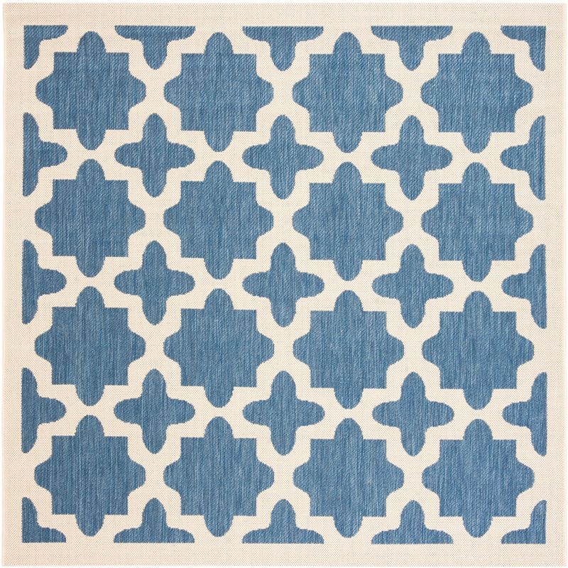 Reversible Blue and Beige Synthetic 4' Square Indoor/Outdoor Rug