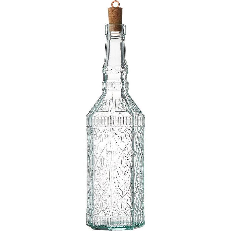 Blue-Green Embossed Glass Bottle with Cork Stopper, 24.25 oz