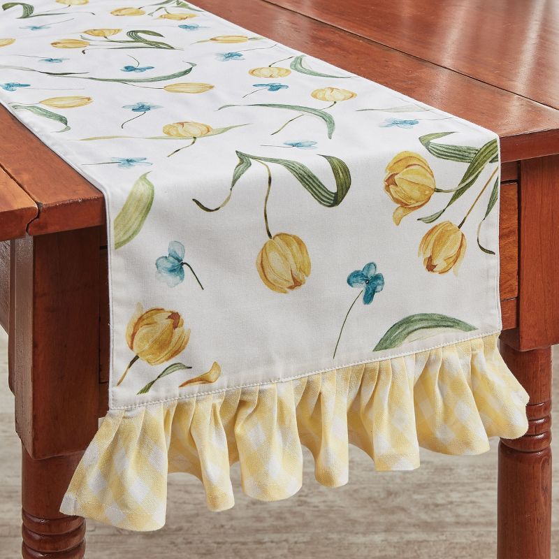 Yellow Tulip and Blue Floral Cotton Table Runner with Gingham Ruffle