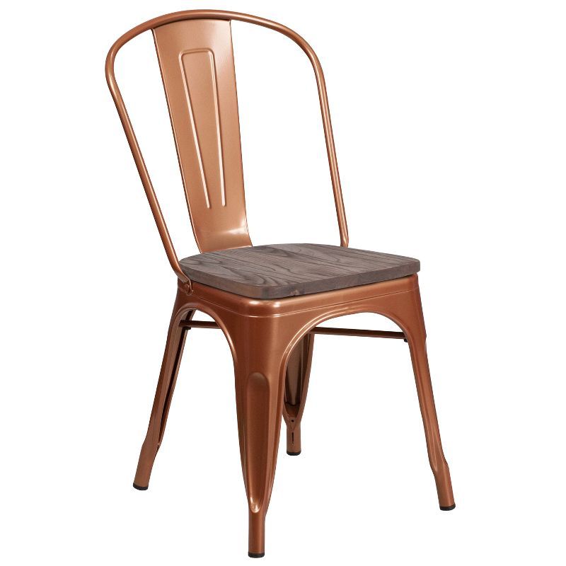 Copper Metal Stackable Dining Chair with Wood Seat