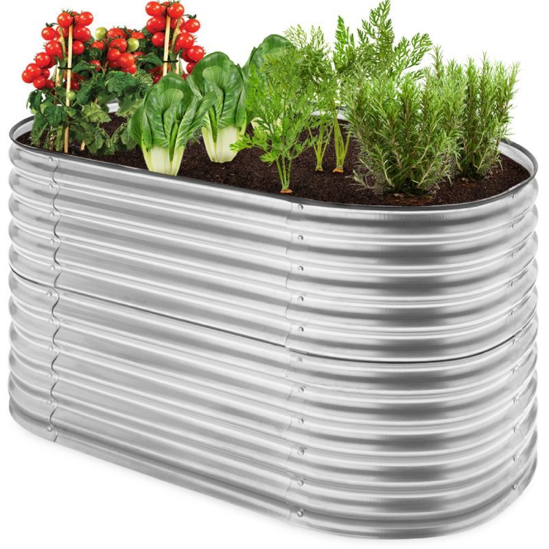 63in Silver Powder-Coated Steel Oval Raised Garden Bed