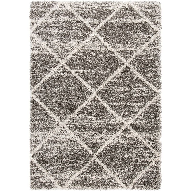 Distressed Grey and Ivory Diamond Shag Area Rug, 5'3" x 7'6"