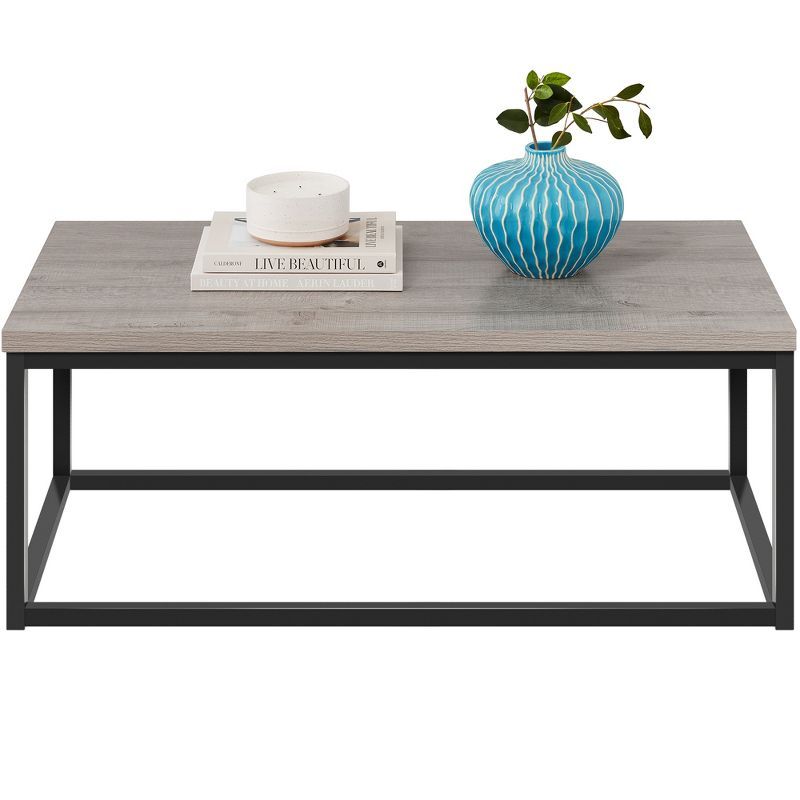 Modern Industrial Rectangular Coffee Table with Wood Grain Top and Metal Frame