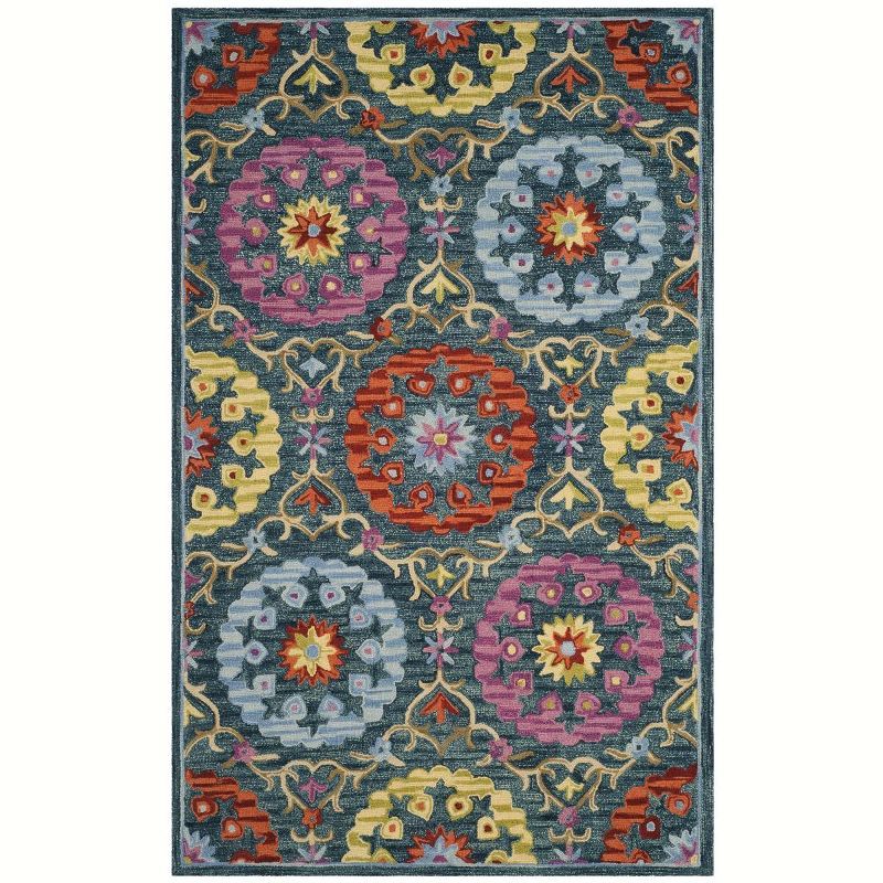 Handmade Blue Floral Wool 5' x 8' Area Rug