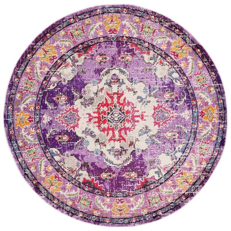 Vibrant Violet and Fuchsia Round Synthetic Boho Rug