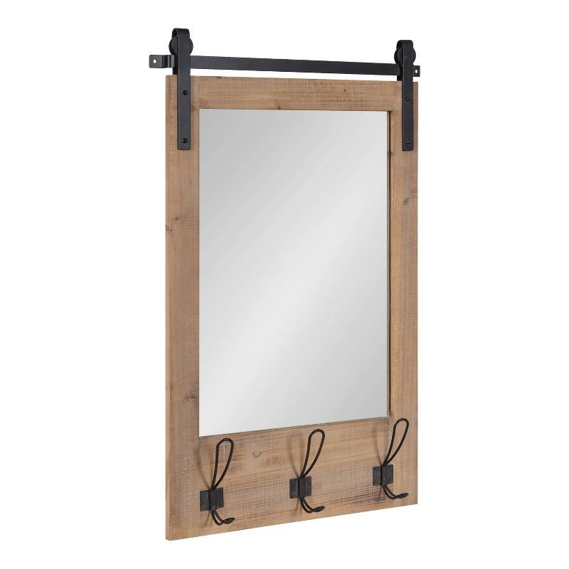 Rustic Brown Wood Wall Mirror with Hooks and Iron Bar