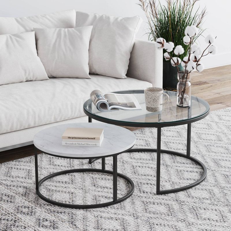 Stella Round White and Gunmetal Nesting Coffee Tables with Glass and Marble Finish