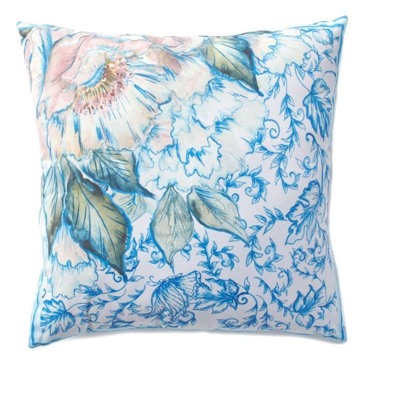 Blue and White Floral Bloom Polyester Outdoor Throw Pillow