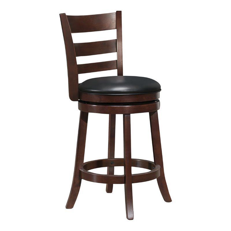 Traditional Black Leather Swivel Counter Stool with Wood Frame