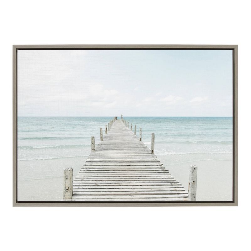 Tranquil Wooden Pier Coastal Canvas Print in Gray Frame