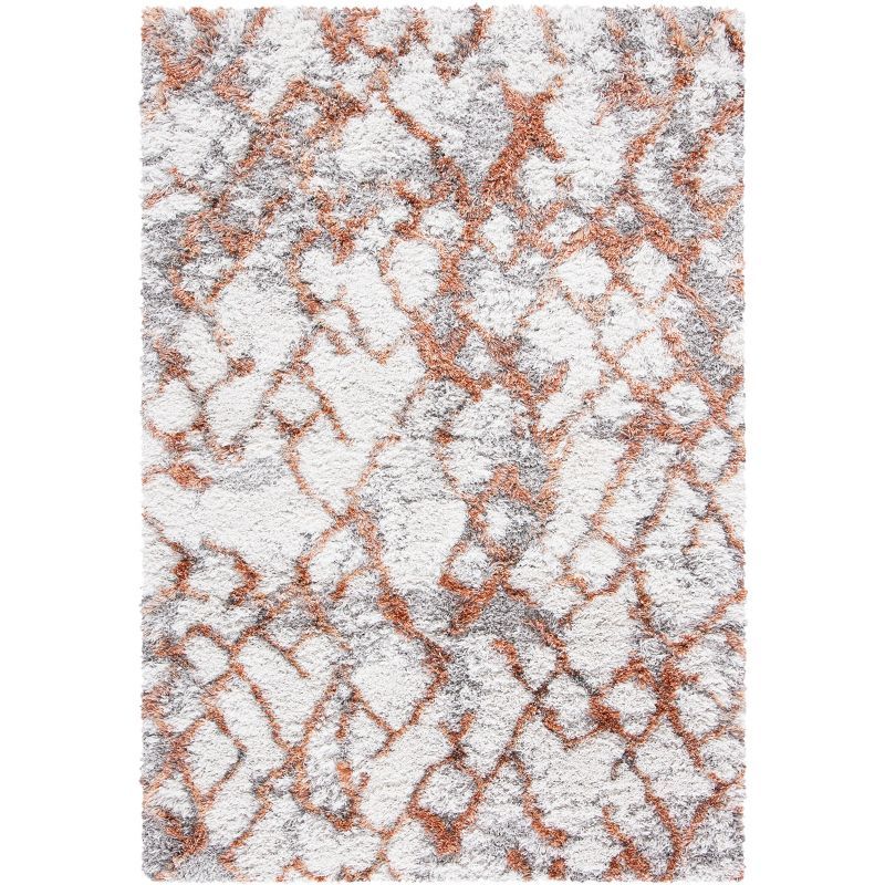 Ivory and Rust Abstract Shag Area Rug