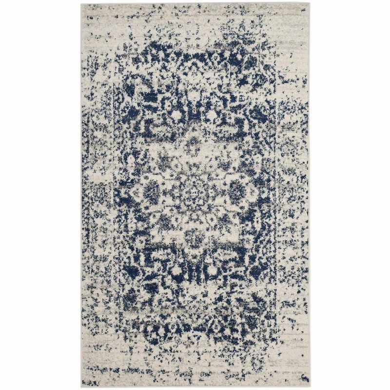 Ivory and Navy Rectangular Synthetic Area Rug