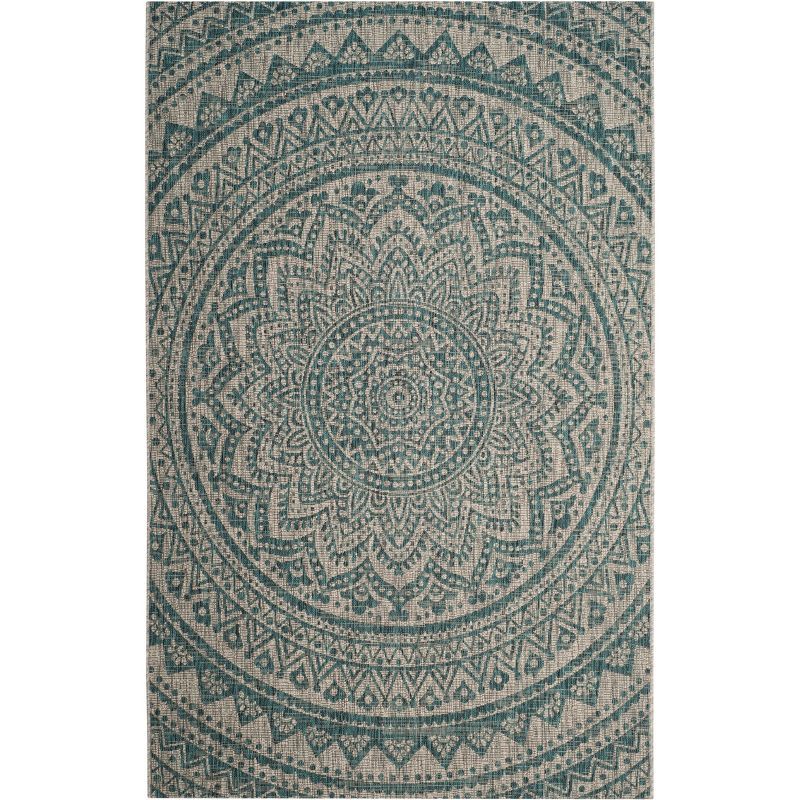 Light Grey and Teal Synthetic Medallion Indoor/Outdoor Rug