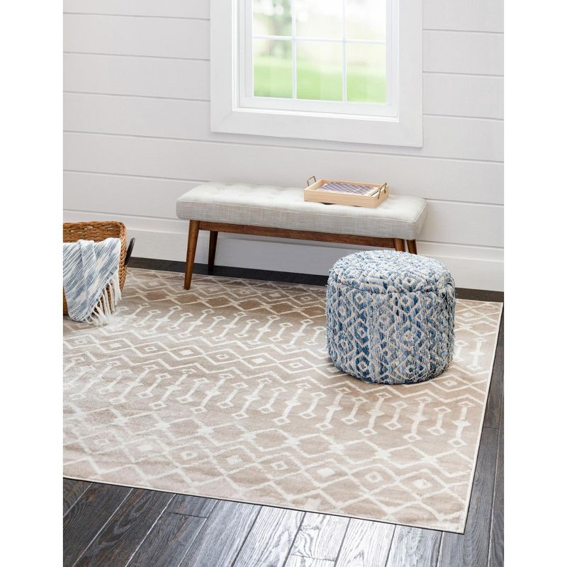 Beige 8' Square Trellis Synthetic Area Rug for Easy Care